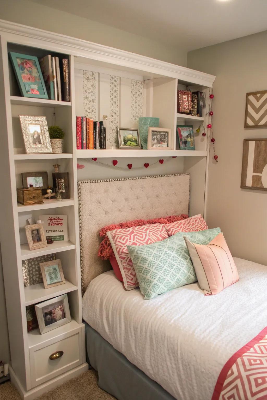 A custom headboard adds a personal and functional touch to the space.