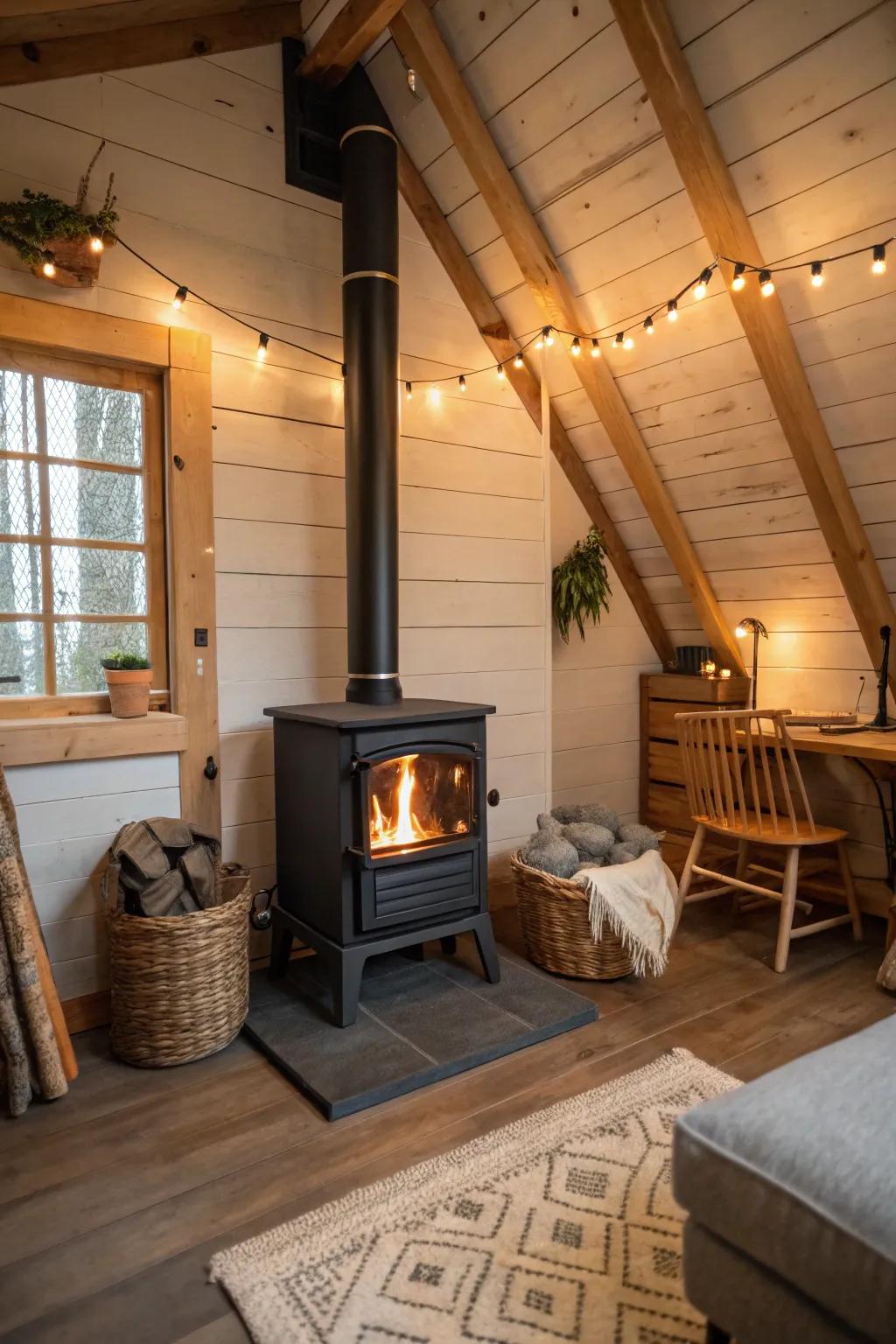 A compact wood stove in a loft offers a snug and warm retreat.