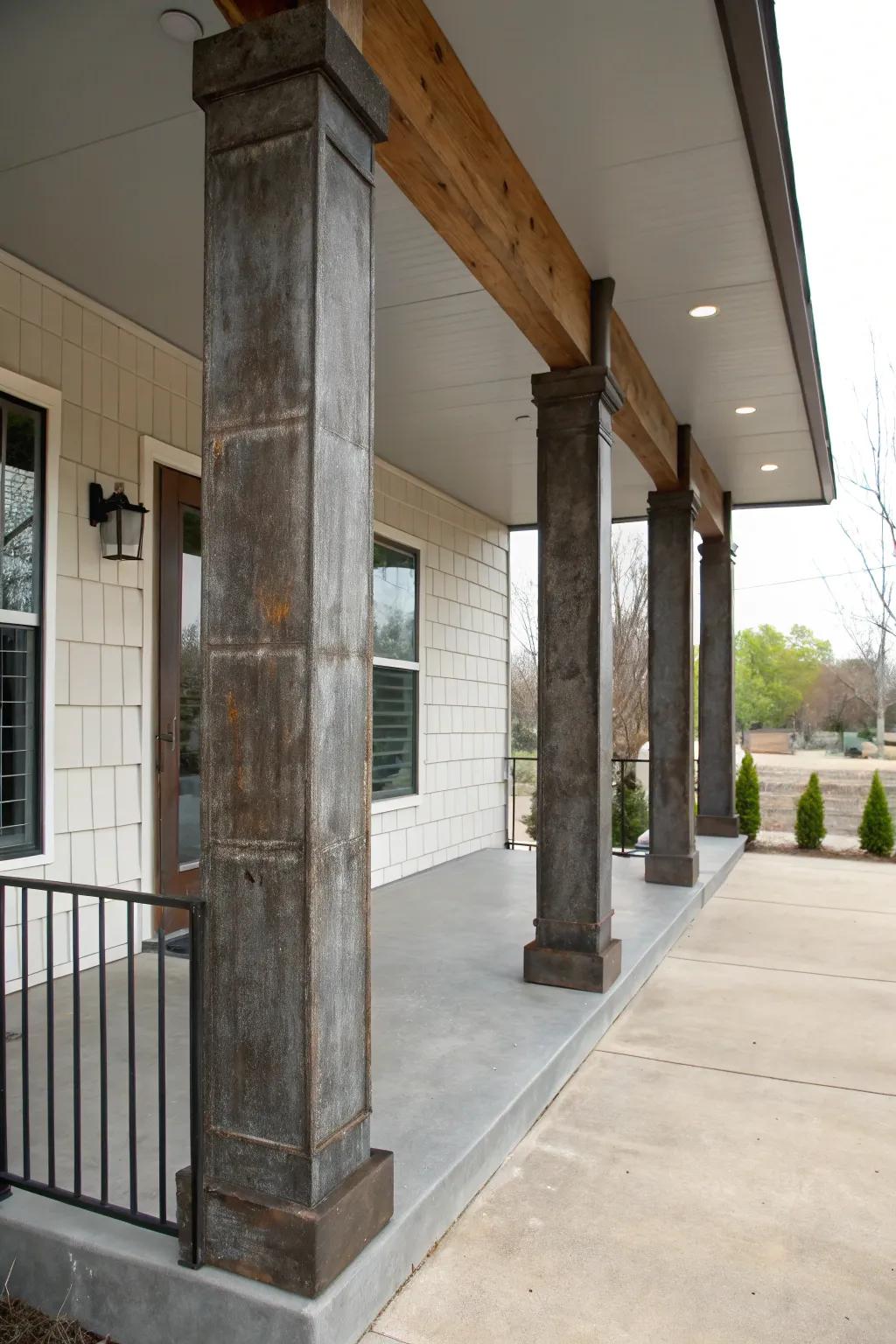 Raw metal square columns add an industrial edge to this porch.