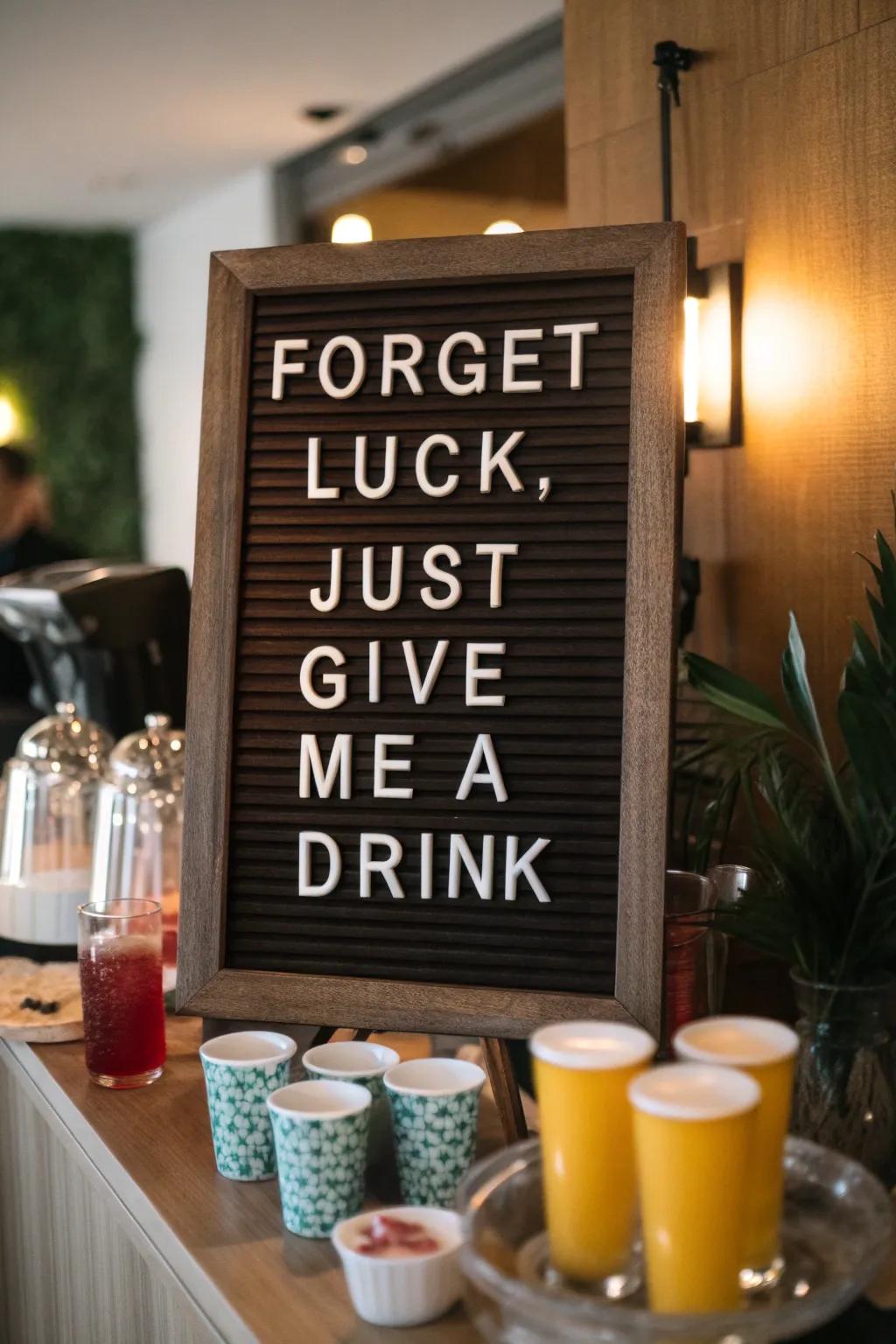 A humorous letter board for those who prefer drinks over luck on St. Patrick's Day.