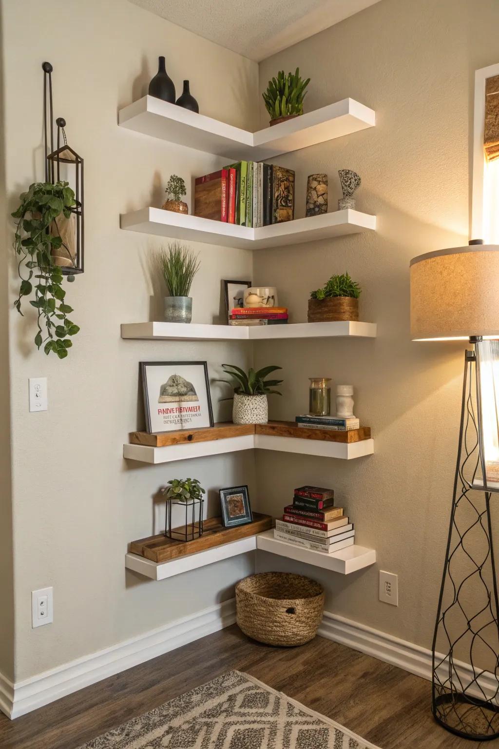 Surprising use of corner space with staggered shelves.