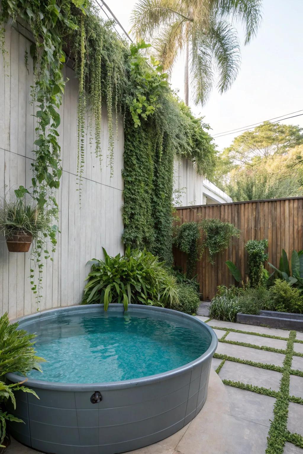 Vertical gardens bring greenery to the stock tank pool area.