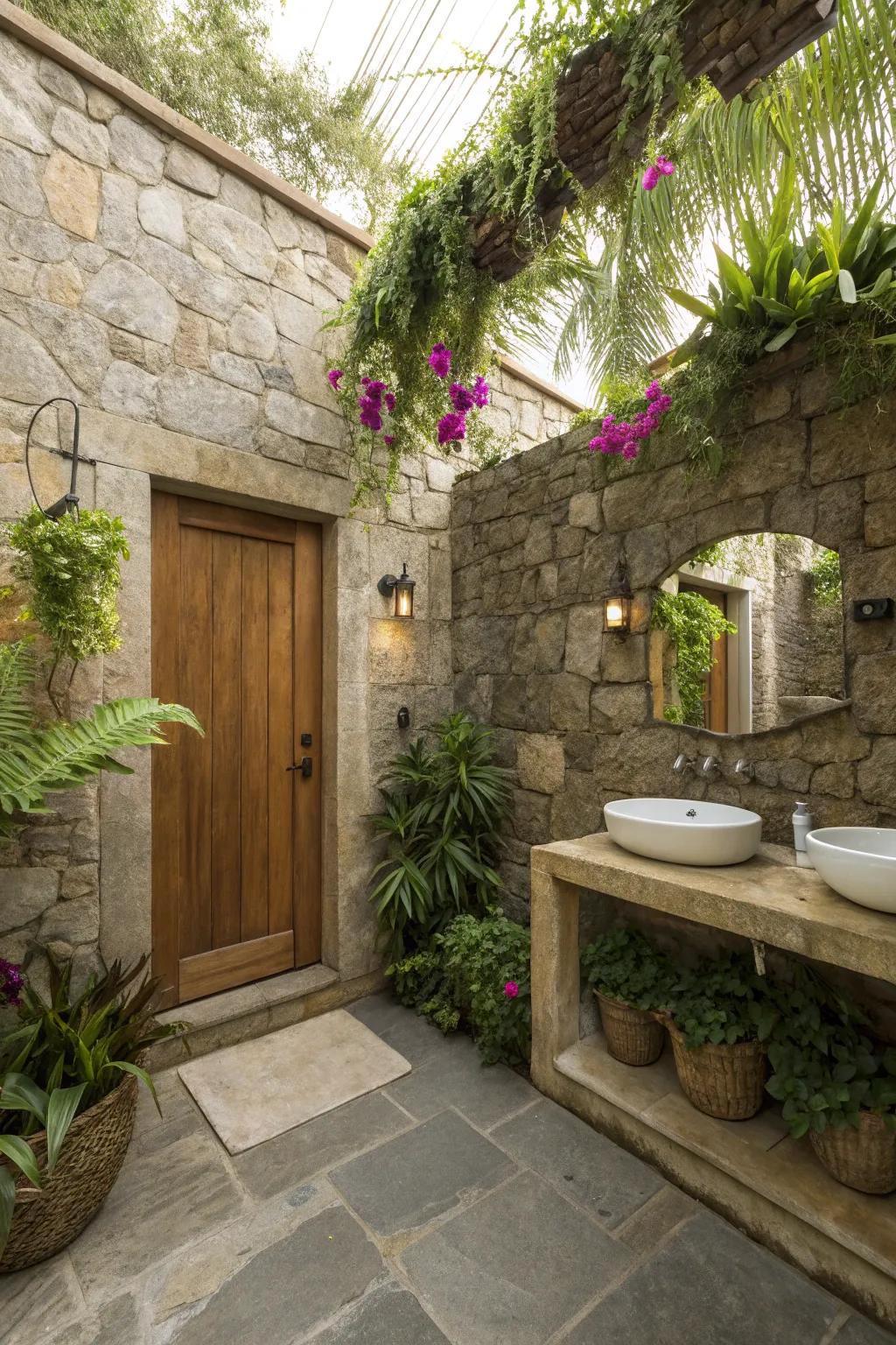 A stone bathroom complemented by lush greenery and natural decor.