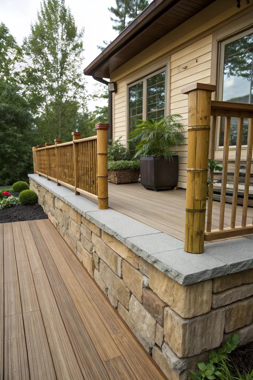 A tranquil deck with a harmonious blend of stone and bamboo skirting.