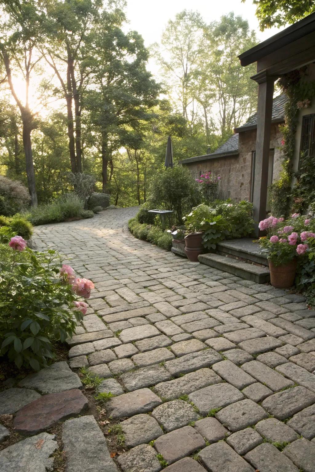 A stone patio with vintage cobblestone charm.