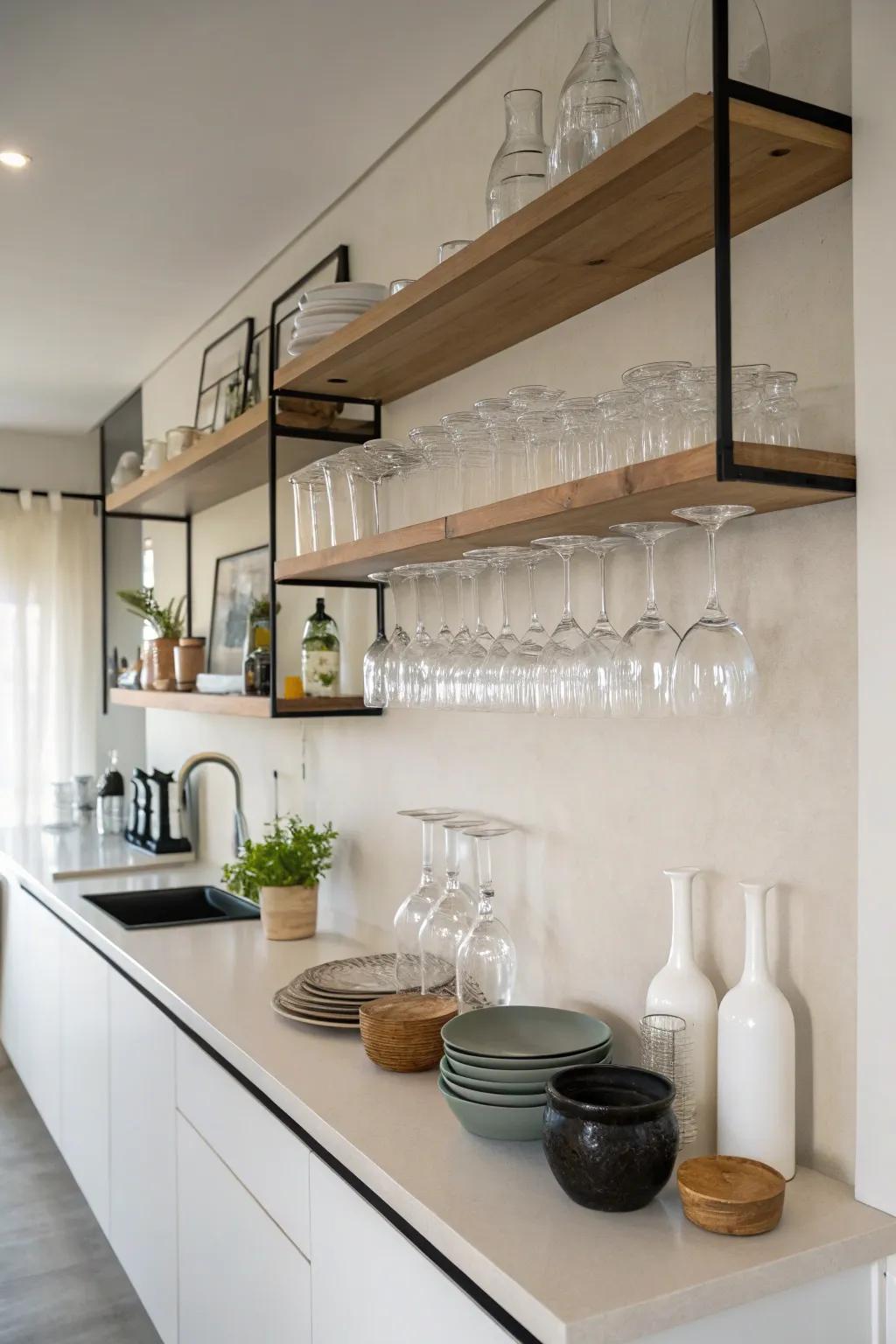 Floating shelves offer a modern and open storage solution for glassware.