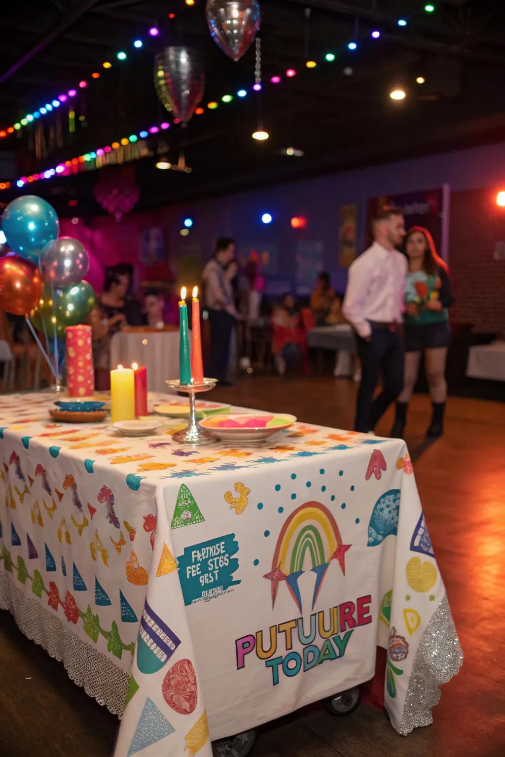 A themed tablecloth sets the stage for the graduate's new beginnings.