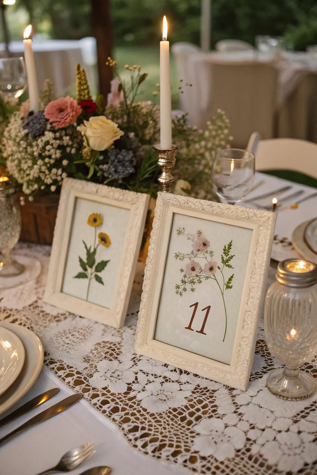 Pressed flower frames offer a natural and romantic table decor.