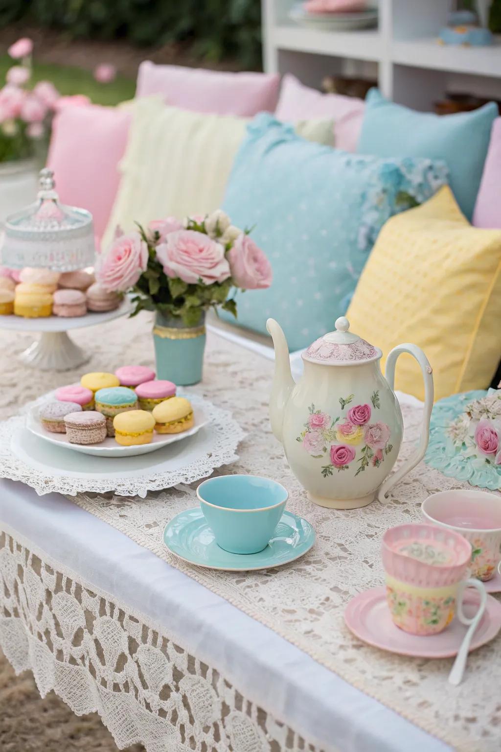 A pastel color palette creates a soft and dreamy atmosphere for the tea party.