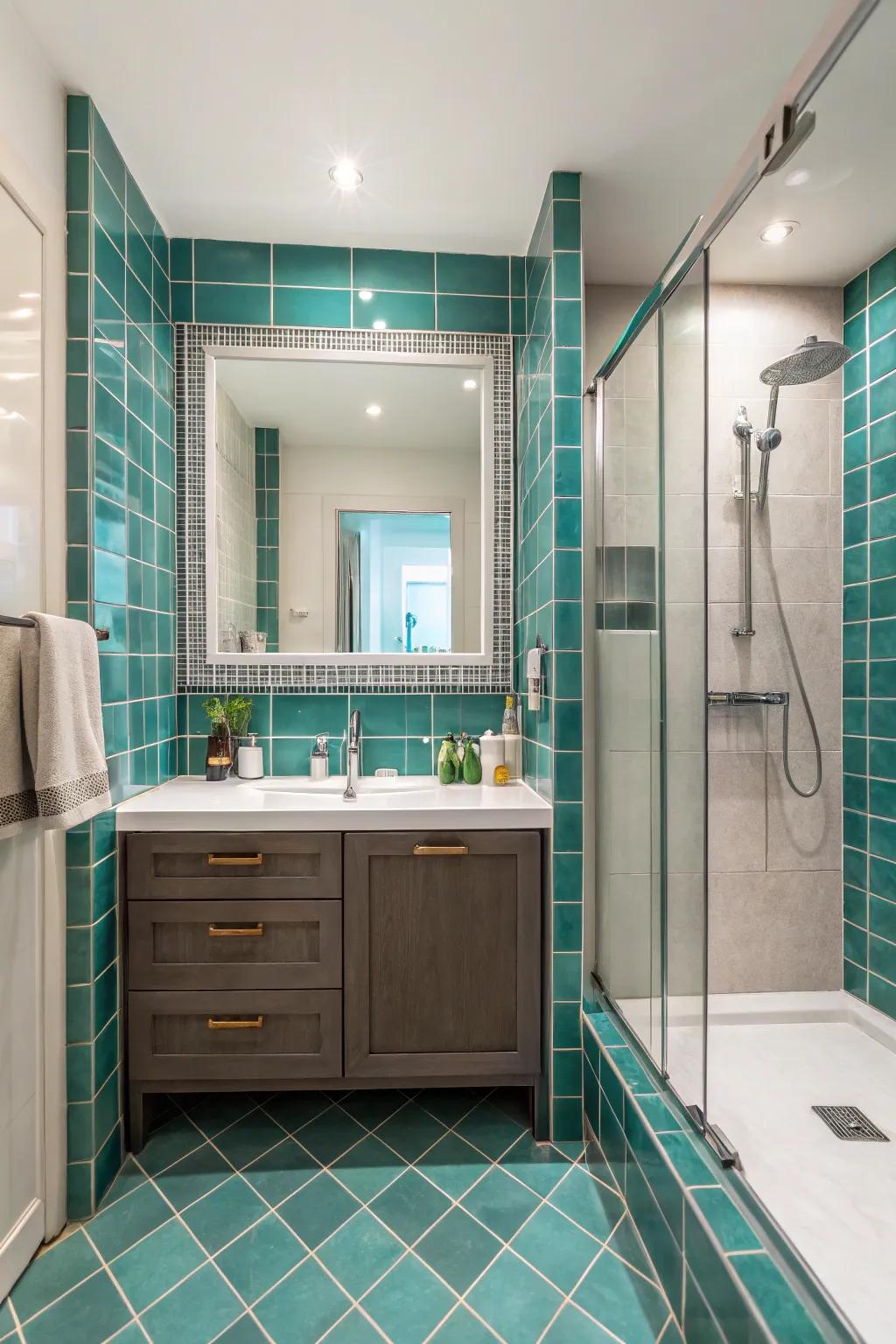 Teal tile borders add definition and elegance to your bathroom.
