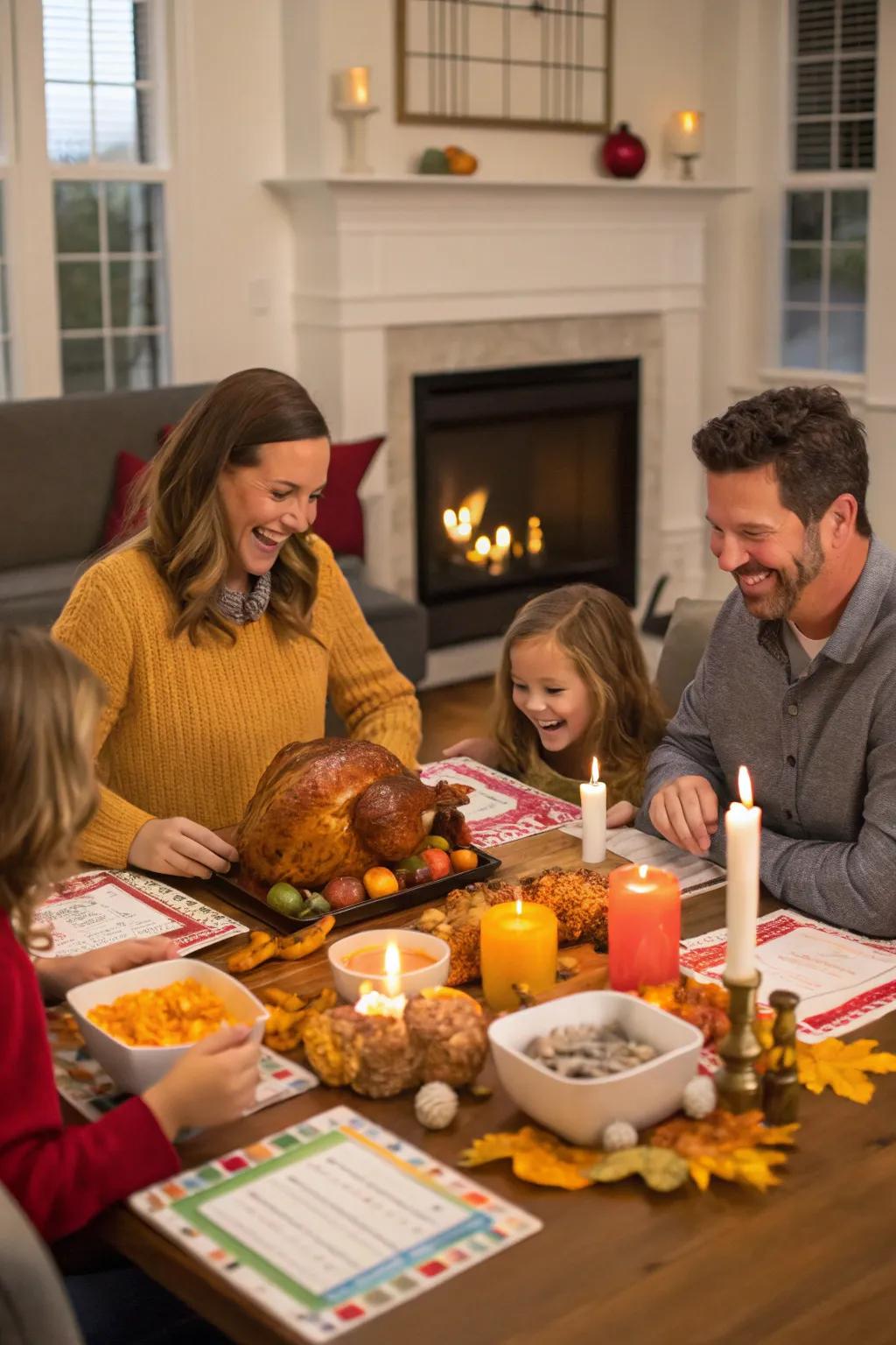 Family members deep in thought during a friendly Thanksgiving trivia game.