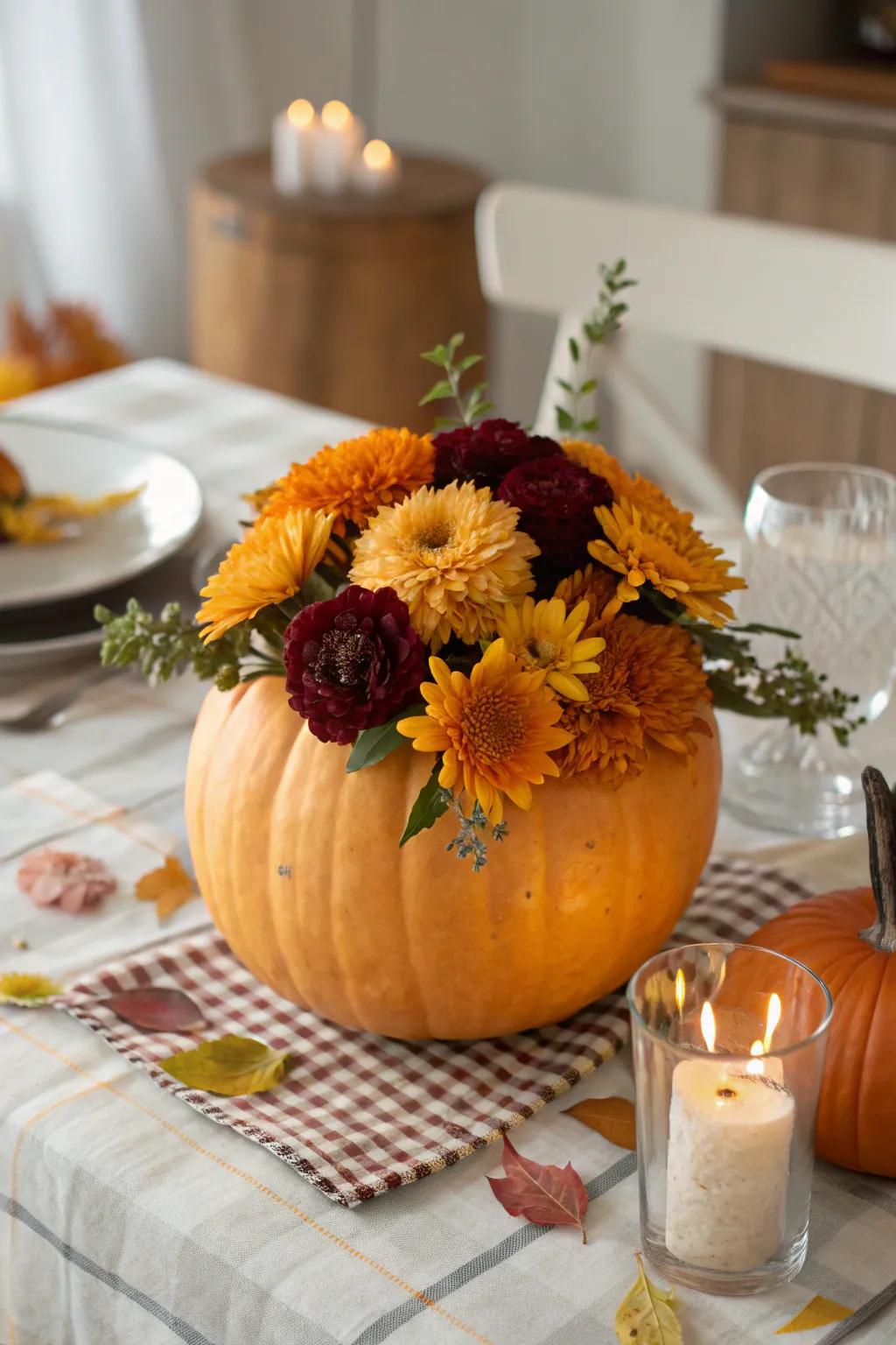 Versatile pumpkin vases for fresh floral displays.