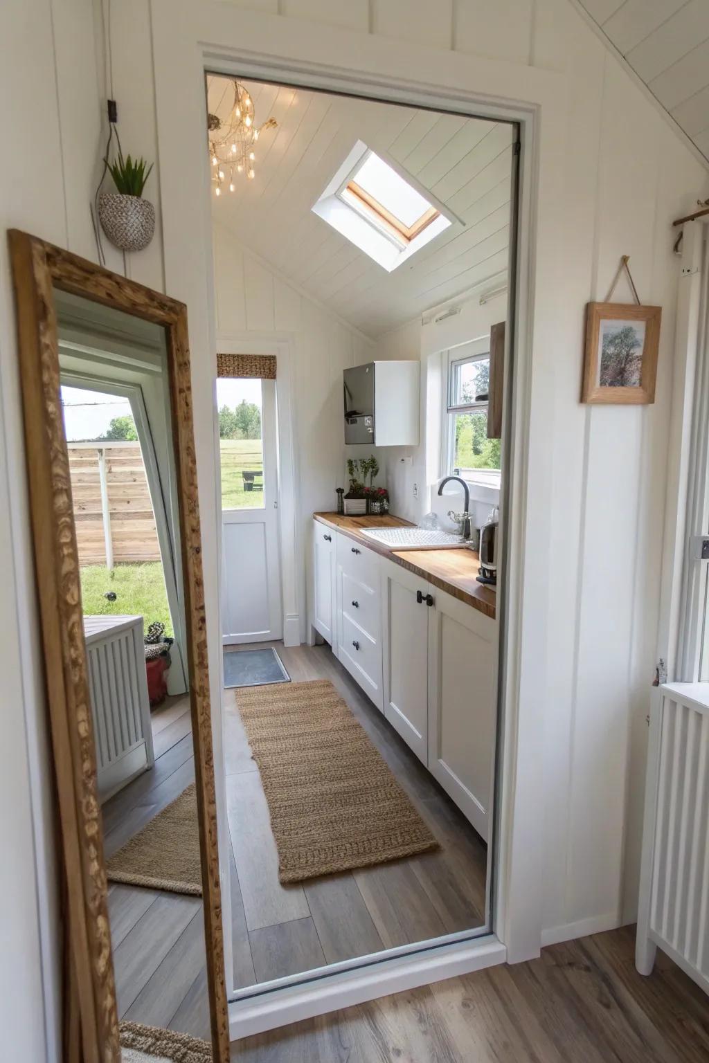 Mirrors create the illusion of space and light in a tiny kitchen.