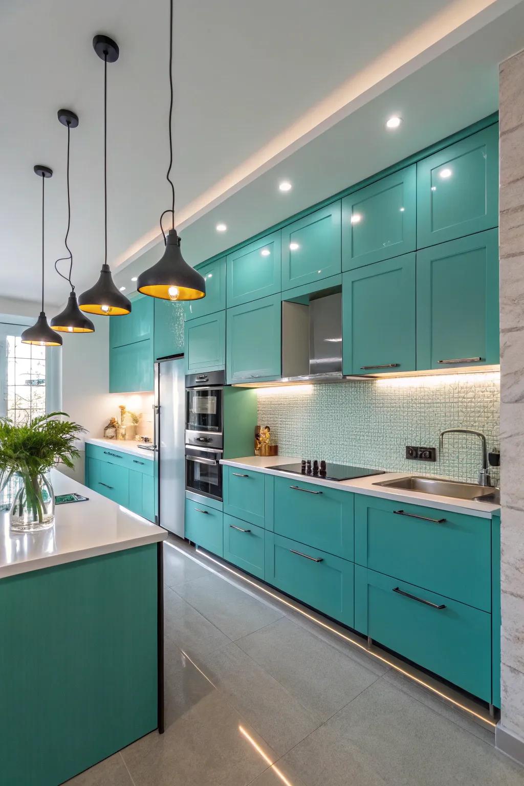 Strategic lighting enhancing the beauty of turquoise kitchen cabinets.