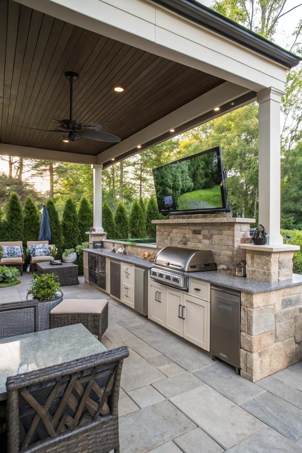 An outdoor kitchen area with a TV, blending indoor comfort with outdoor entertainment.