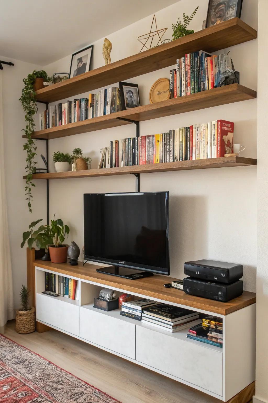 Shelves filled with personal items add character to this TV wall.