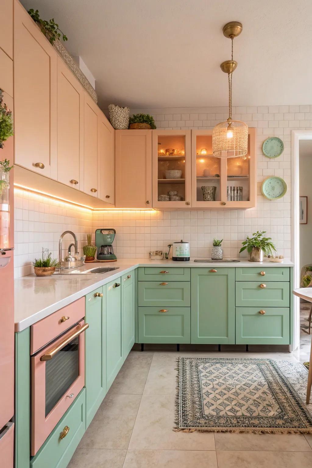 A whimsical peach and mint kitchen with vintage charm.