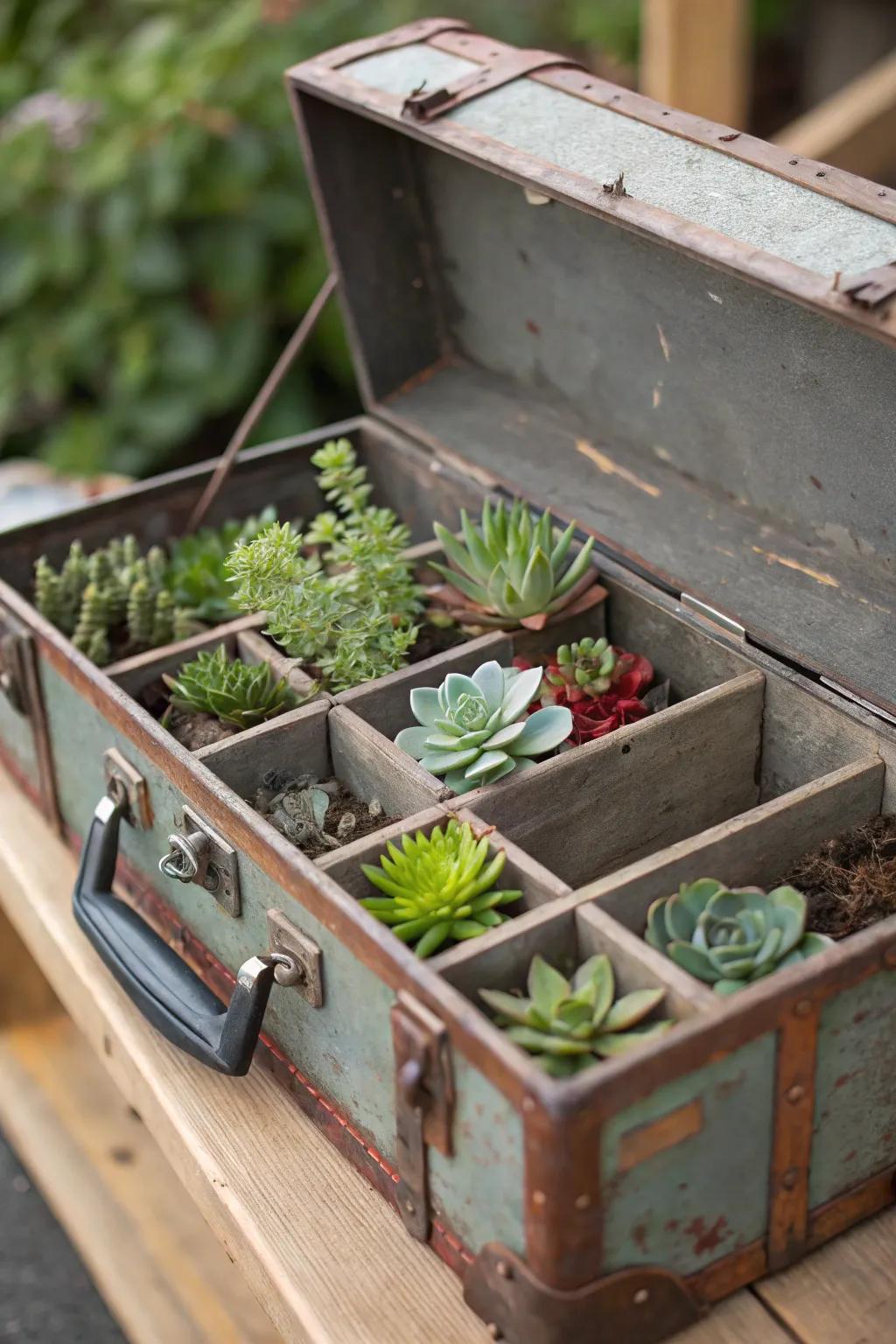 A vintage toolbox reimagined as a structured succulent planter.