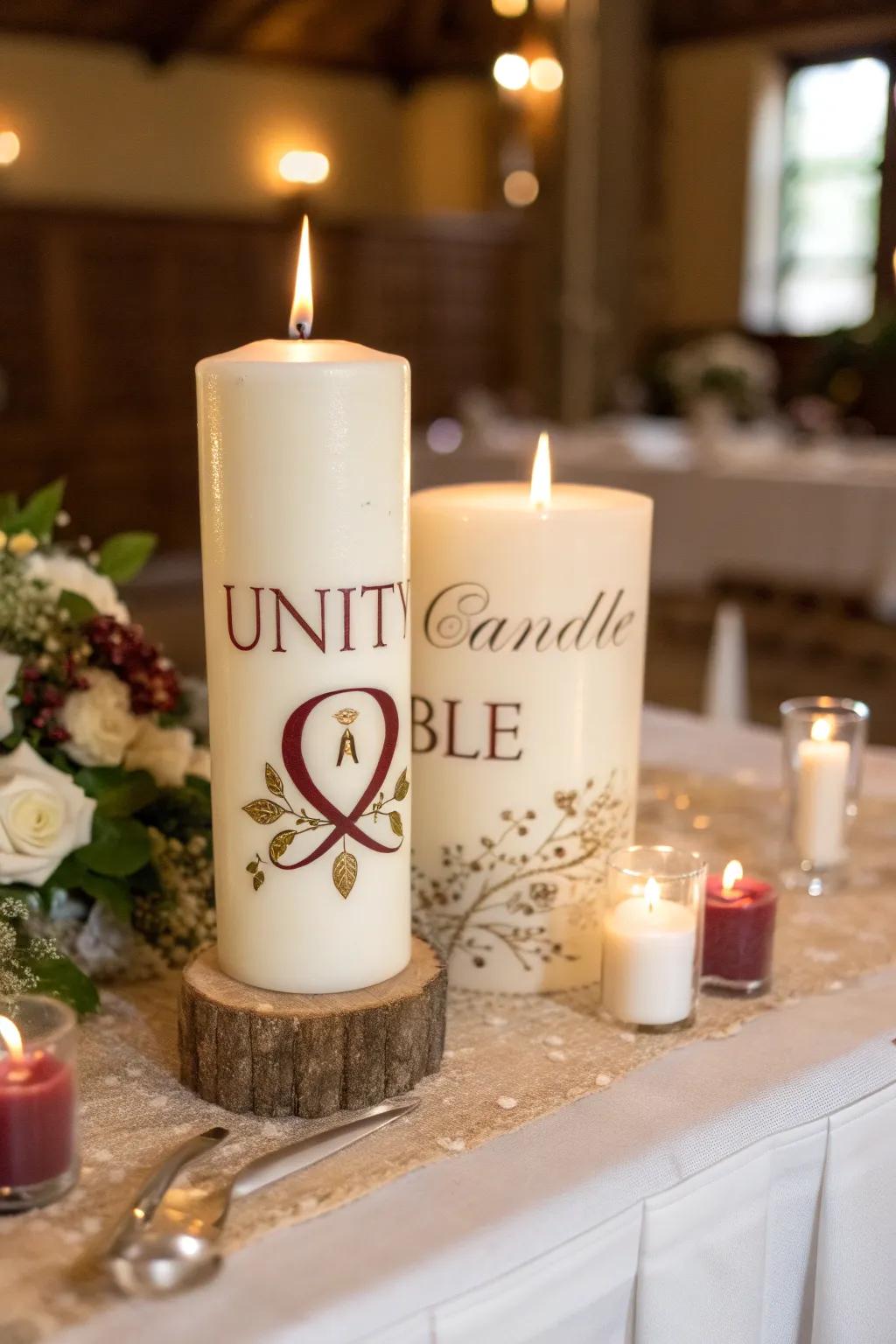 Customized candles add a personal touch to this unity candle table.