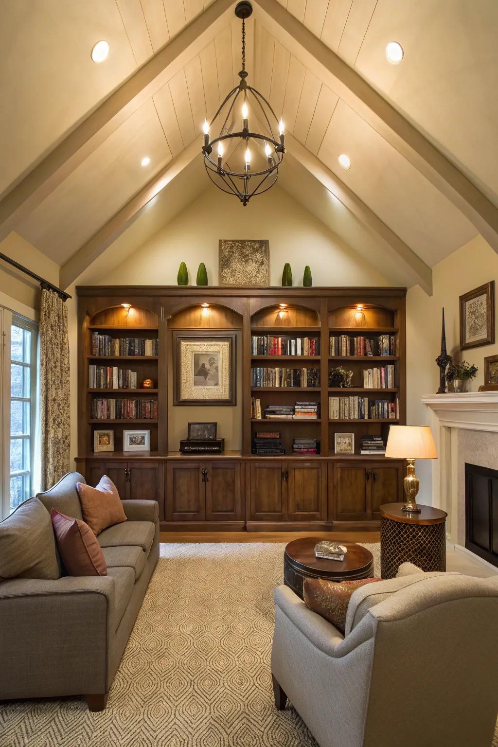 Living room with vaulted ceiling and integrated bookshelves