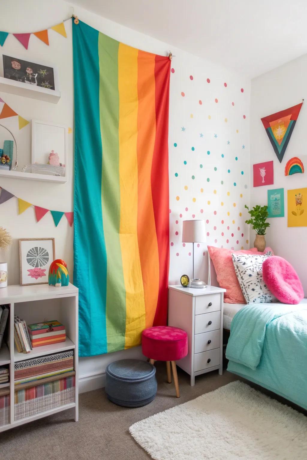 Color block patterns on a vertical banner energize a youthful bedroom.