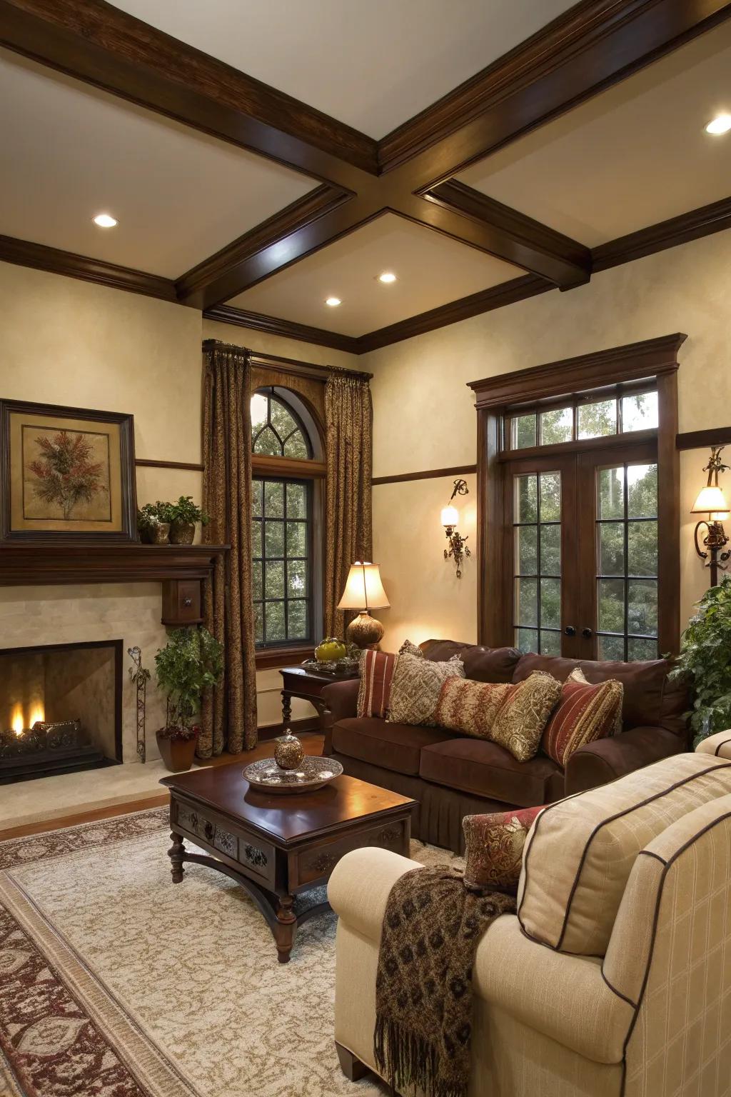 Warm and inviting with ivory walls and chocolate brown trim.