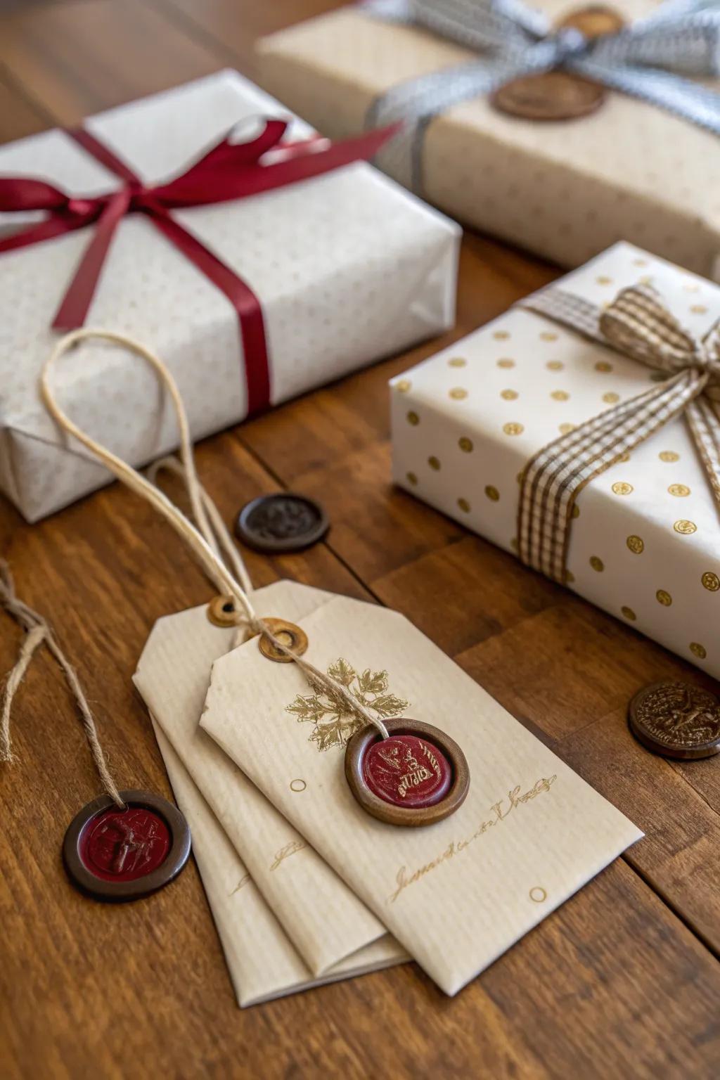 Gift tags enhanced with wax seals, offering an elegant and personal touch to your gifts.