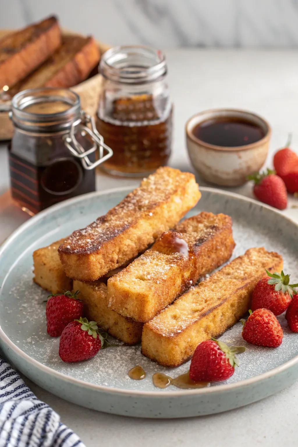 A nostalgic treat of French toast sticks served with syrup for dipping.