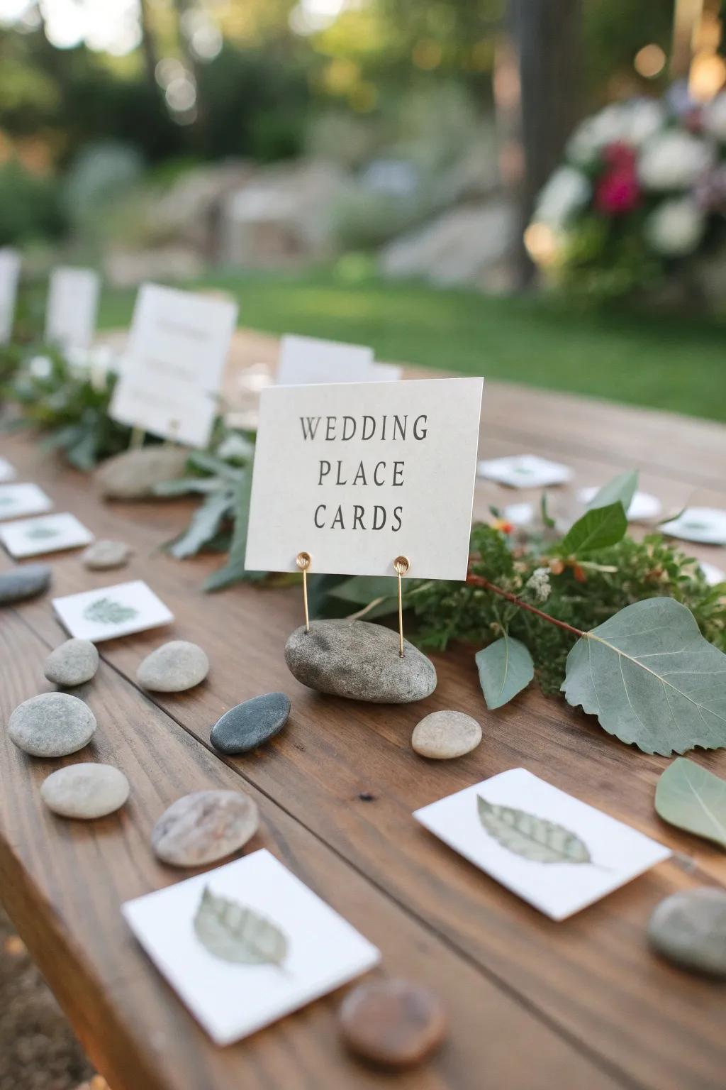 Creative wedding place cards made with natural elements such as leaves and stones.