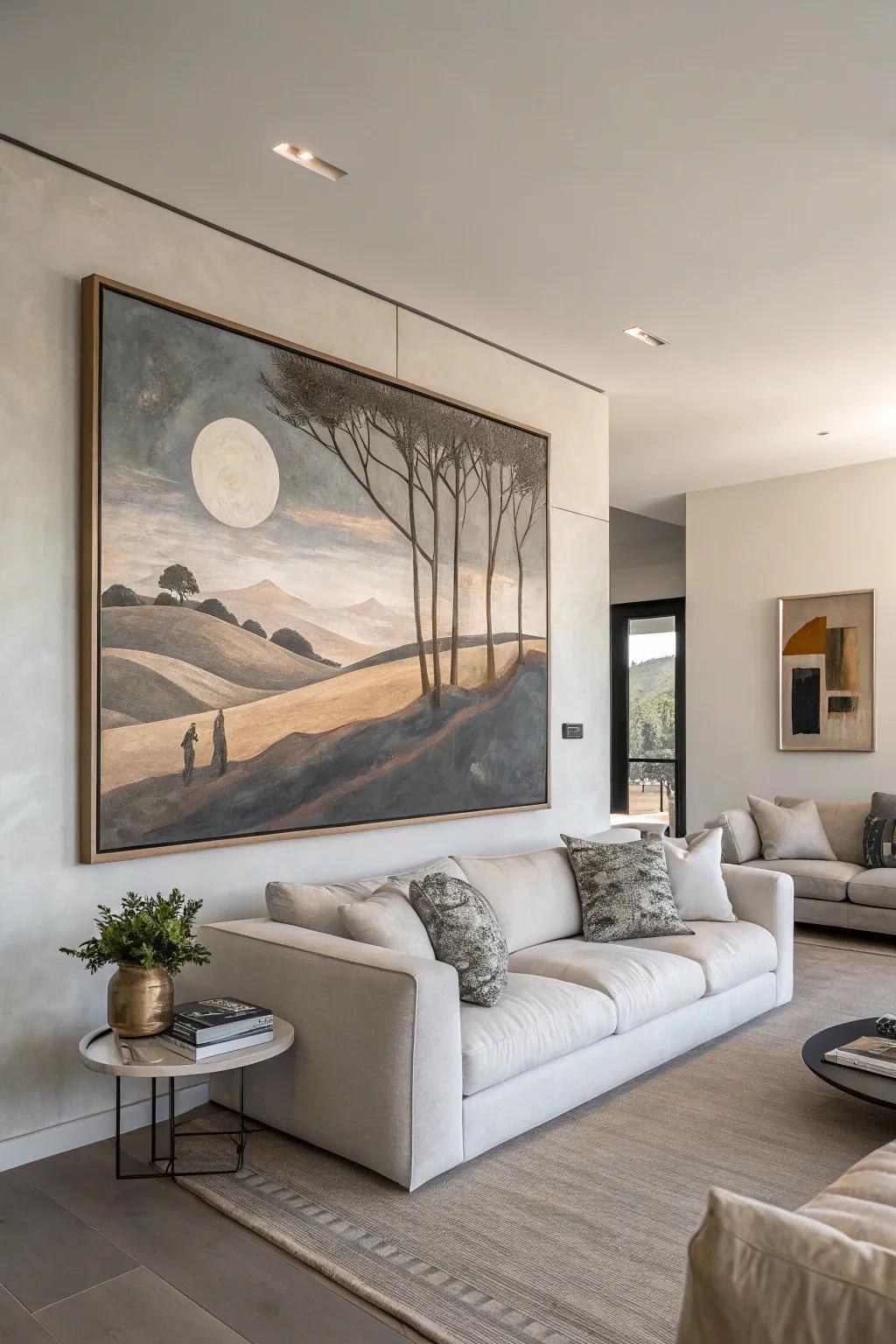 A minimalist surrealist painting adding intrigue to a contemporary living room.