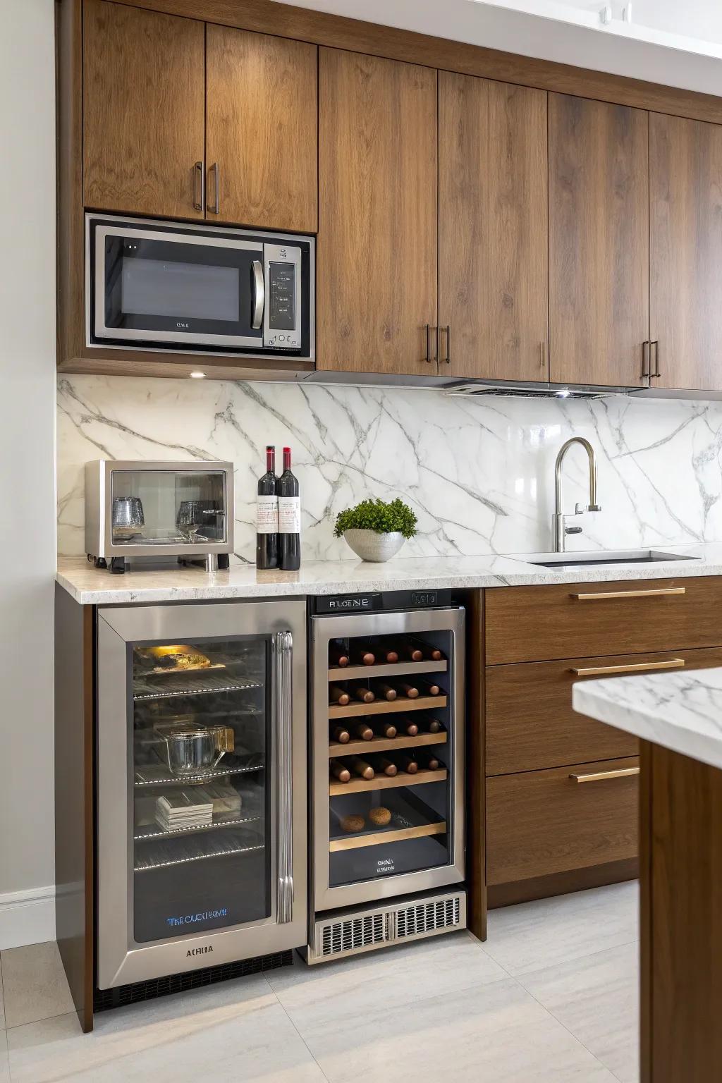 A microwave above a wine fridge offers a chic and novel kitchen feature.