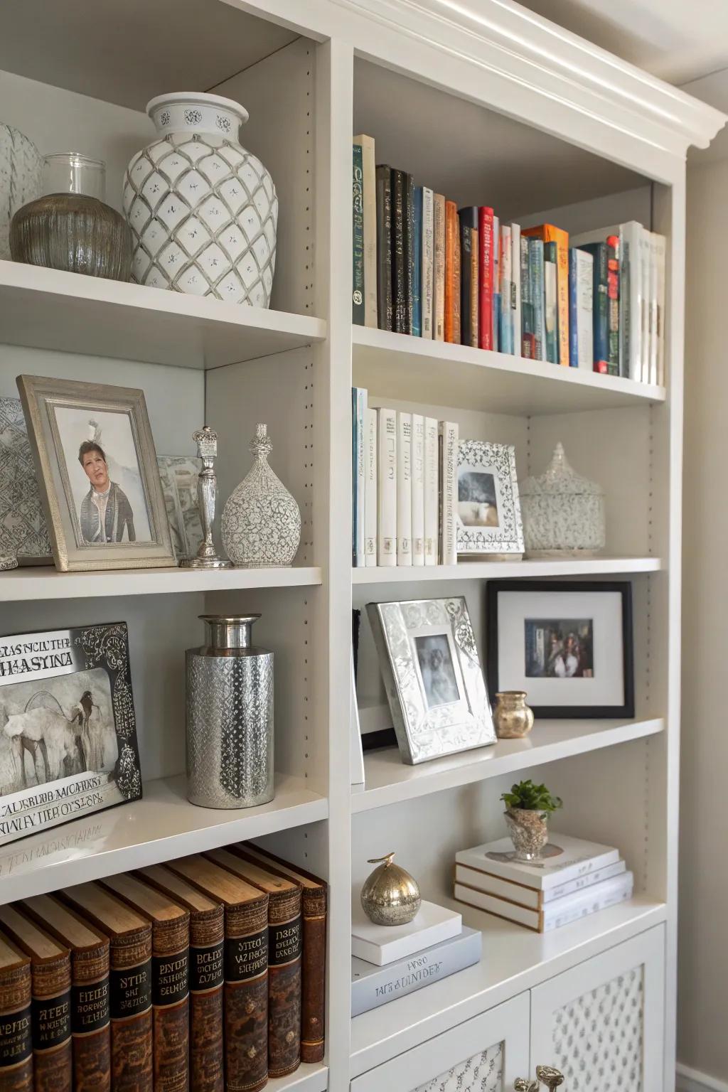 Refresh your bookshelves with stylish white and silver decor.