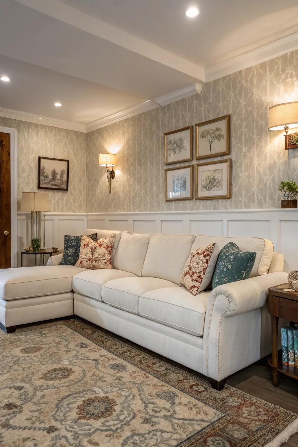 Dual-texture walls add interest to a living room with a white sectional.