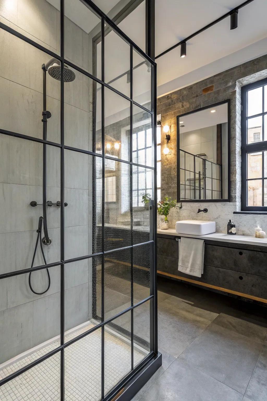 Metal frames bring an industrial edge to the shower window.