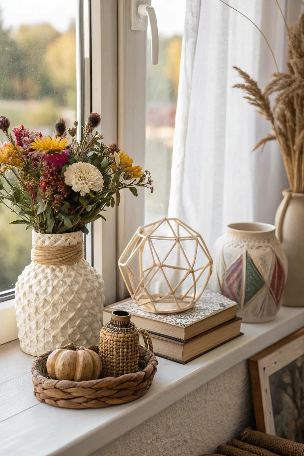 An eclectic mix of decor elements creates a personalized window sill.