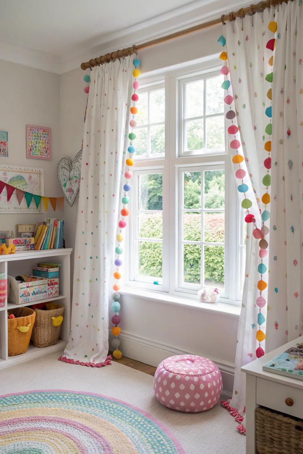 Bring whimsy with playful pom-pom accented window treatments.