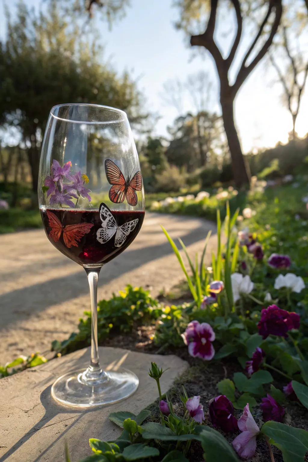 Butterfly motifs add a touch of whimsy to your wine glass.