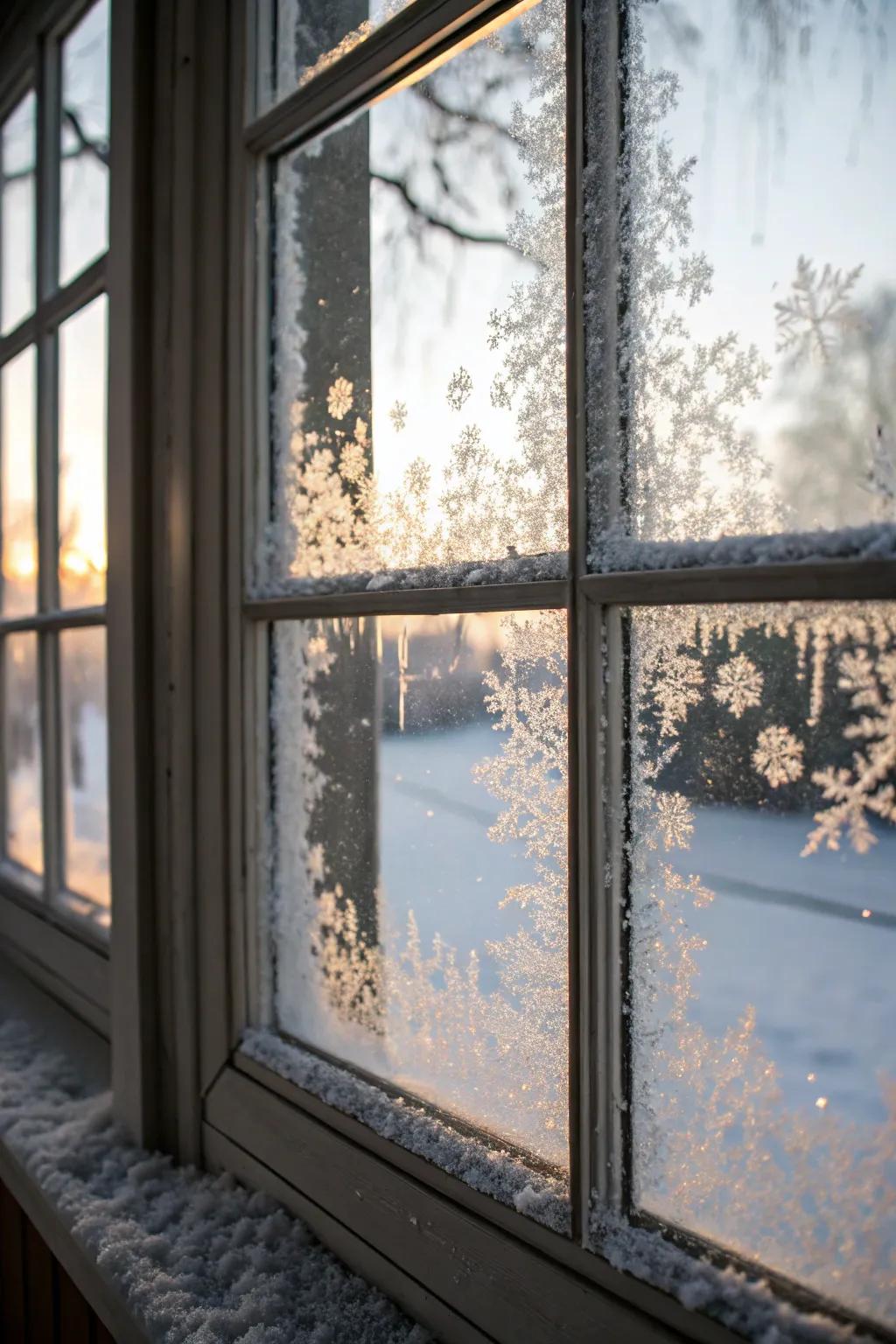 Frosted windows bring the cozy feel of a winter cabin indoors.