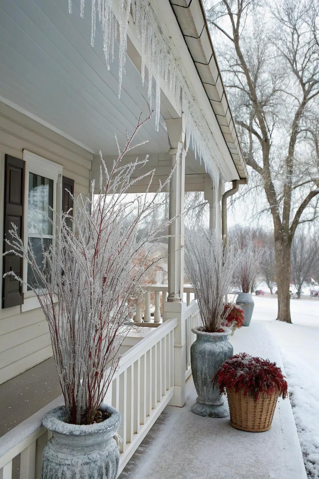 Frosted branches add a sparkling elegance to this winter porch.