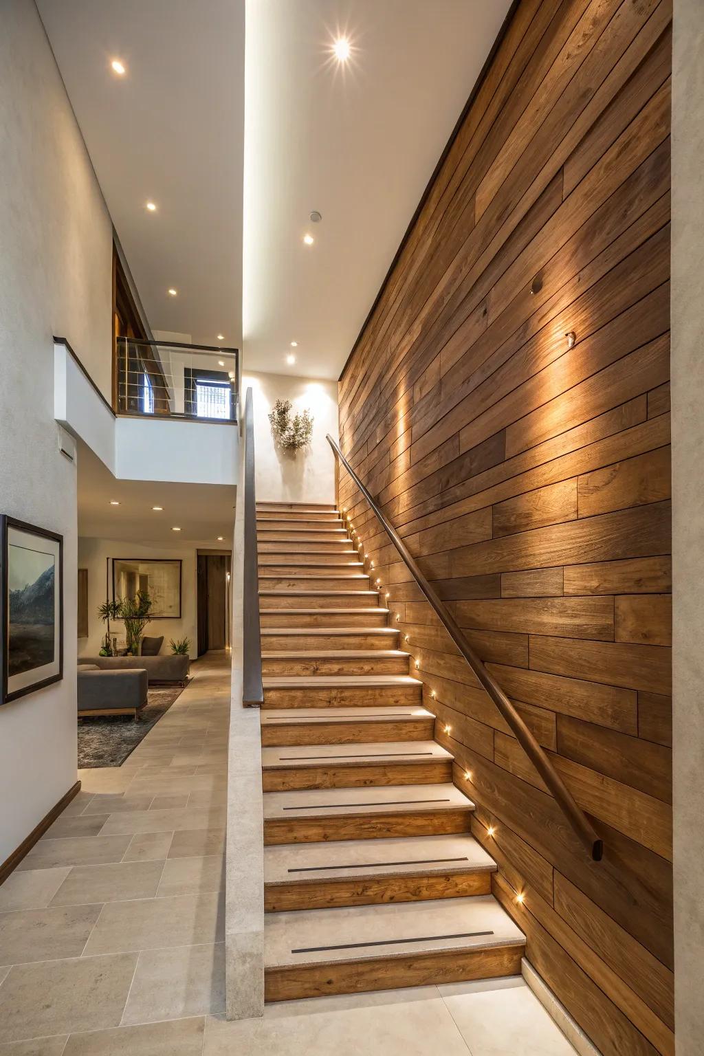 A staircase enhanced by a striking wood accent wall.