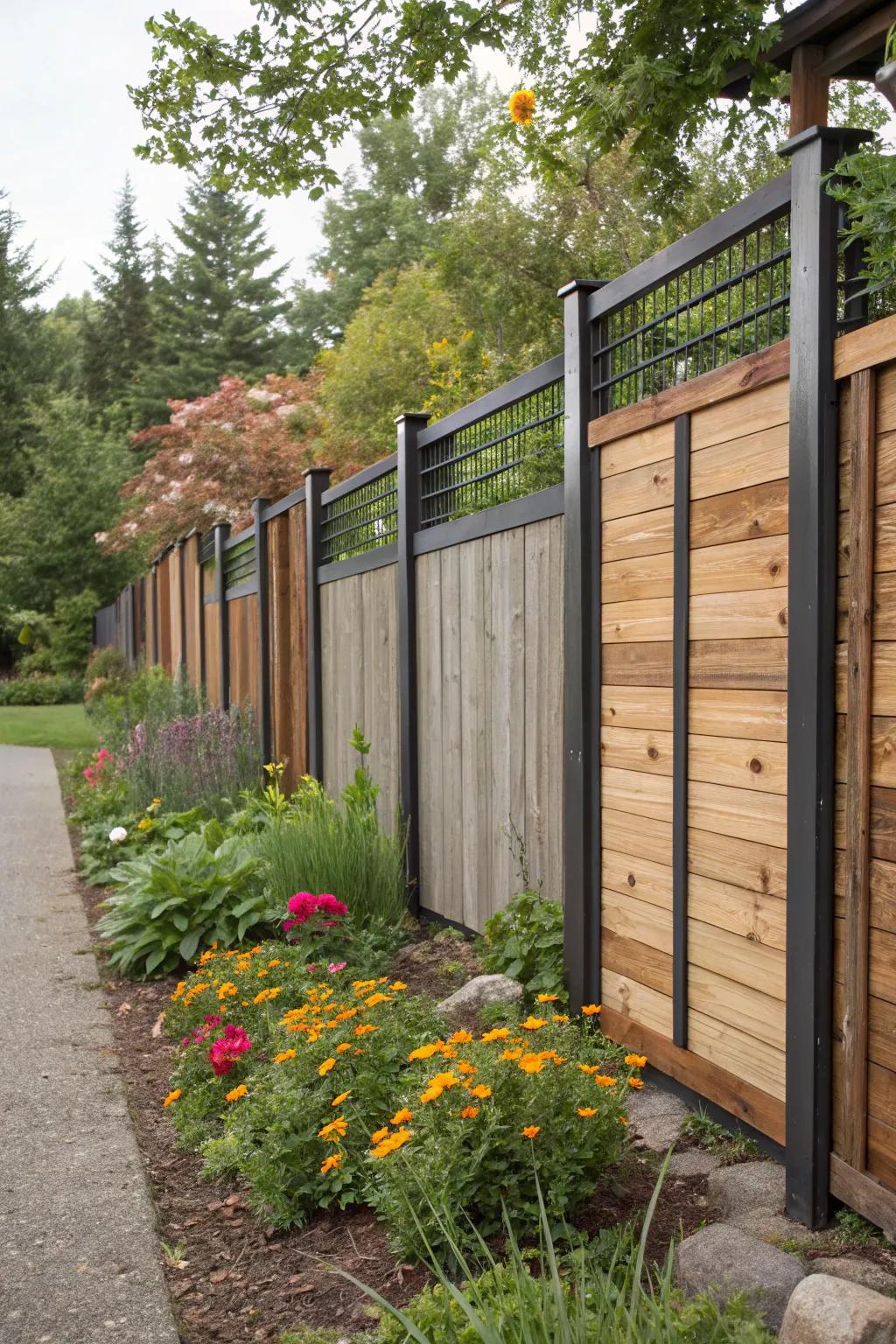 An interesting fence with dynamic heights of wood and metal panels.