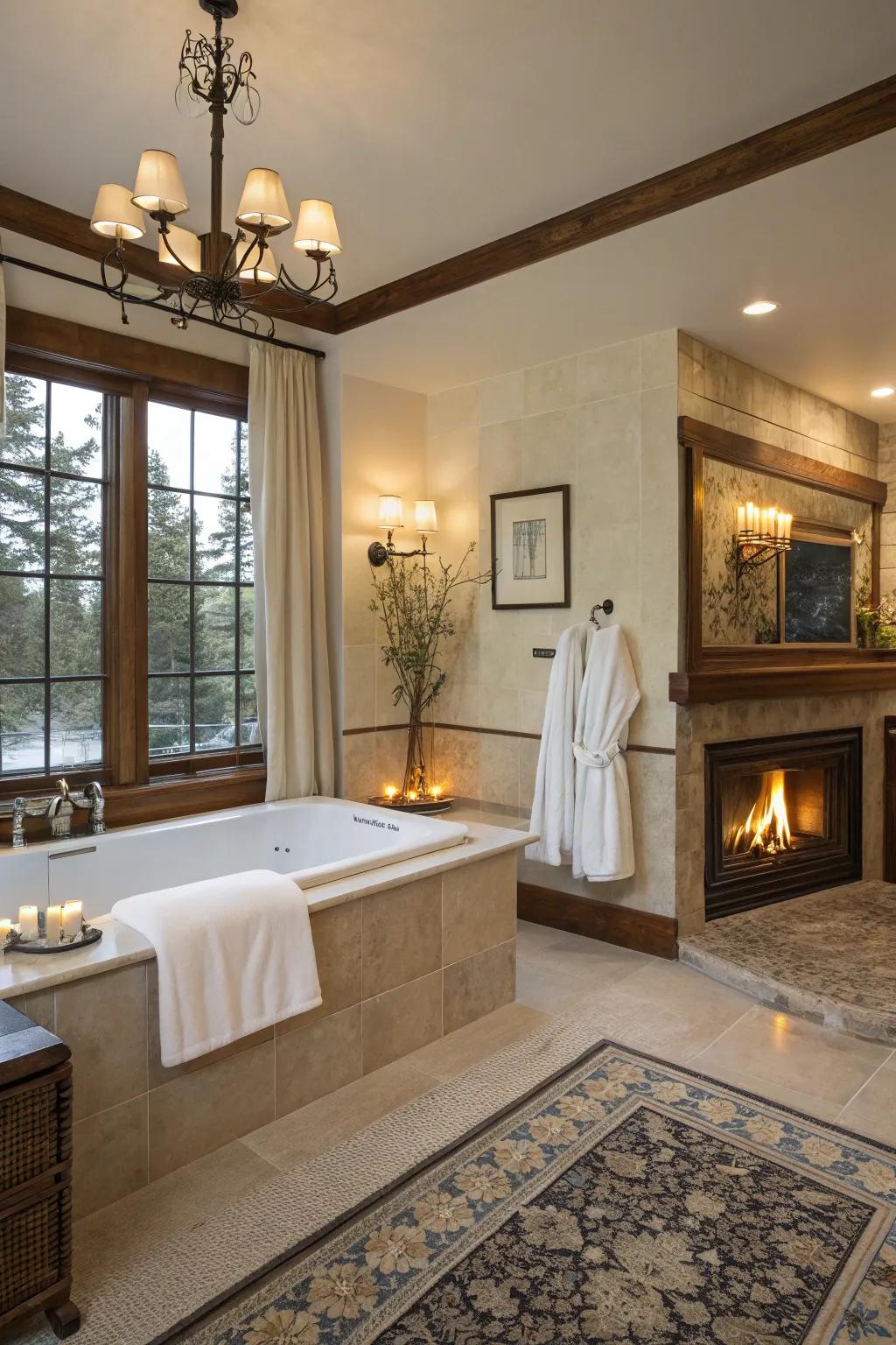 A spa-like bathroom retreat with a fireplace.