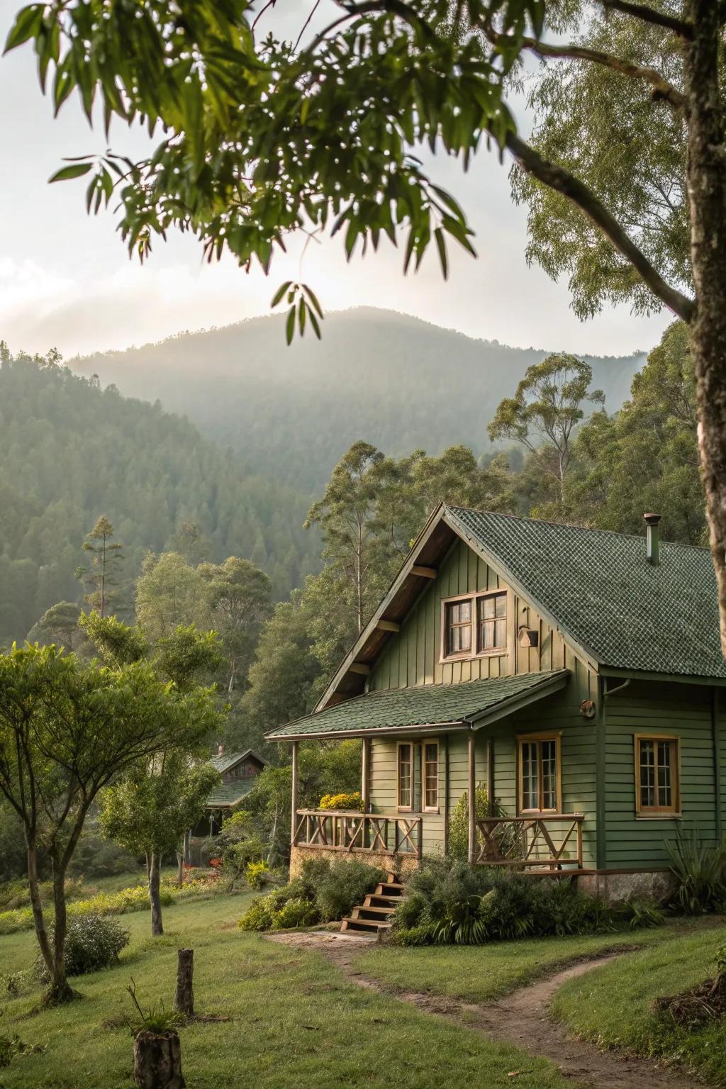 A wooden house that seamlessly blends with nature using tranquil green shades.