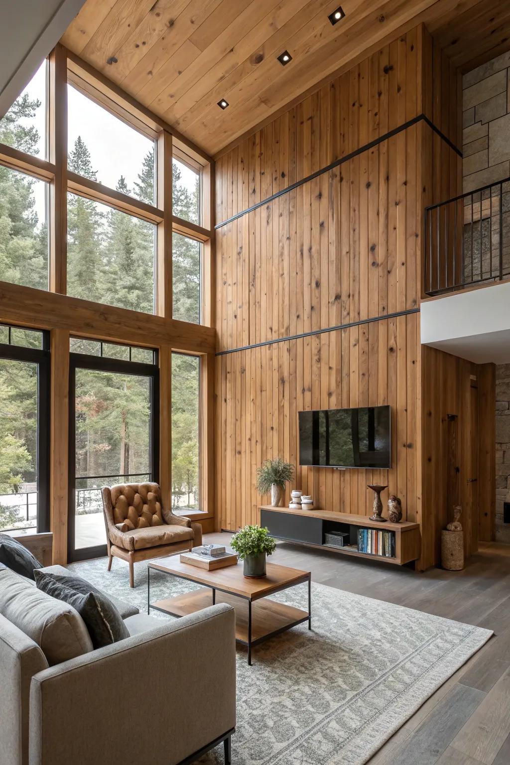 A living room with dimension-enhancing wood panels.