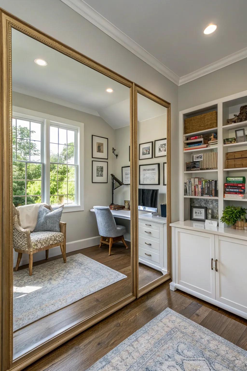 Mirrors enhancing space and light in a home office.