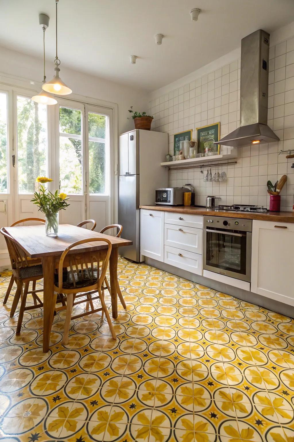 Yellow patterned tiles add an unexpected twist to the kitchen floor.