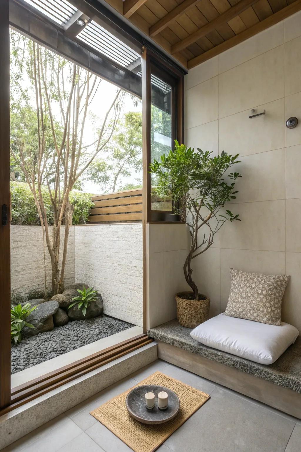 A zen corner provides a personal space for reflection and tranquility.