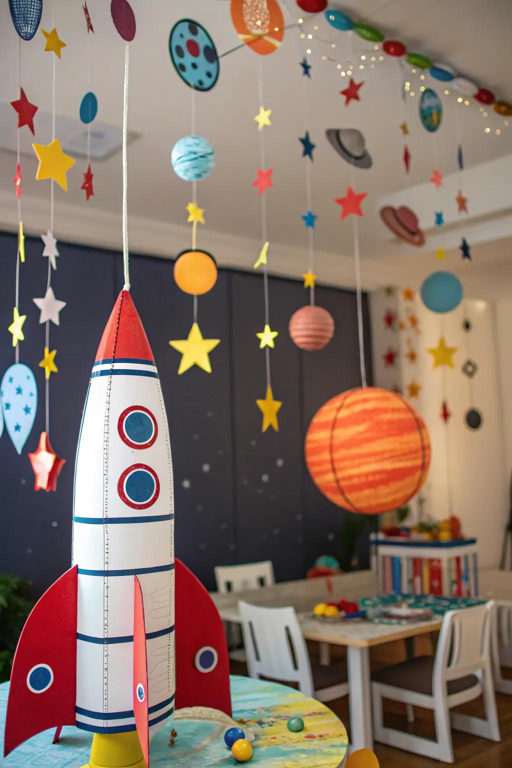 A space explorer themed party with celestial decorations.