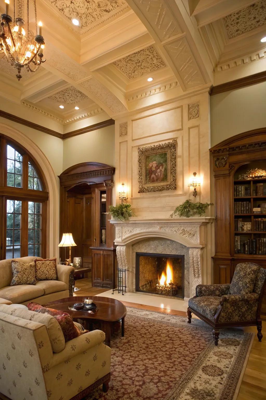 Architectural elements add depth and elegance above the fireplace.