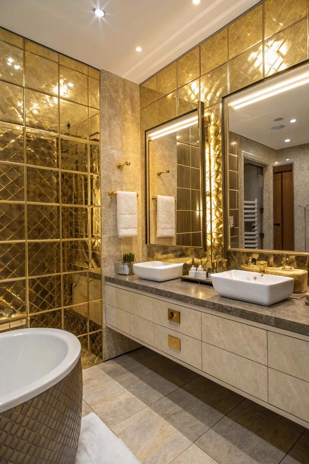 Metallic tiles add shimmer and sophistication.